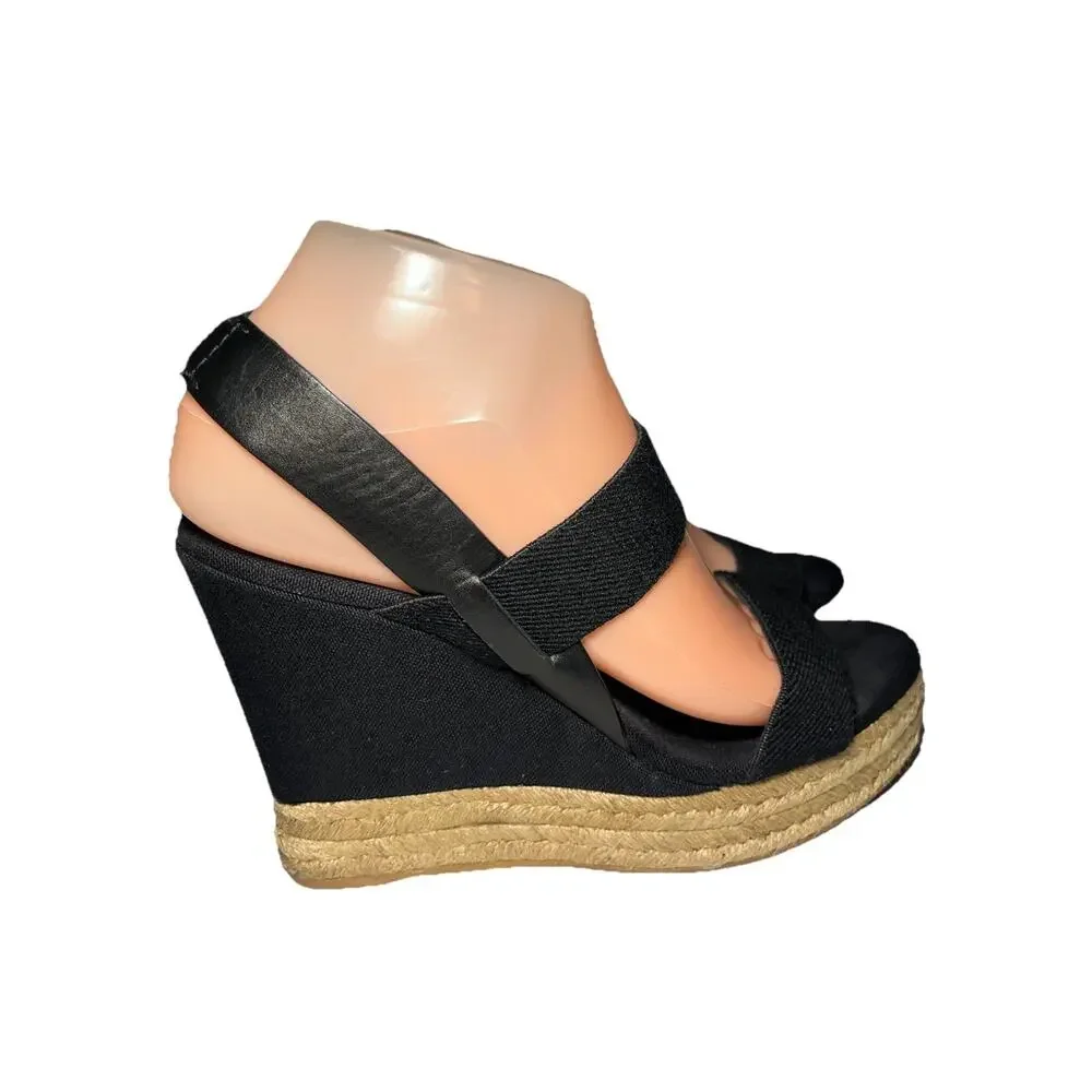 TORY BURCH Sandals 8.5 Wedge Espadrille Black Two Band Platform 4.5